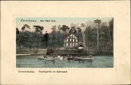Ak Crimmitschau in Sachsen, Forsthaus Sahnpark, Teichpartie