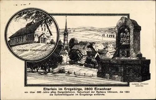 Künstler Ak Elterlein im Erzgebirge Sachsen, Neubau der Turnhalle, Barbara Uttmann Denkmal, Kirche