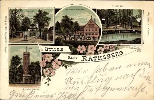 Litho Rathsberg Marloffstein in Mittelfranken, Schloss, Gartenrestaurant, Wildniss, Aussichtsturm
