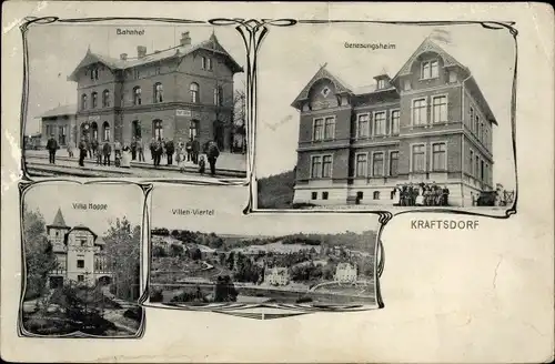 Ak Kraftsdorf in Thüringen, Bahnhof, Gleisansicht, Genesungsheim, Villa Hoppe, Villenviertel