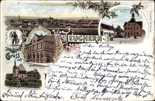 Litho Teuchern im Burgenlandkreis, Postamt, Kirche, Markt, Rathaus, Blick zum Ort