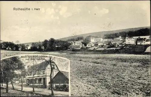 Ak Rothesütte Ellrich Harz Thüringen, Panorama vom Ort, Gasthaus von August Sonmitt