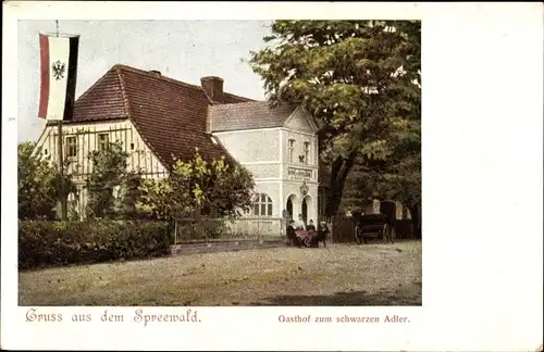 Ak Burg im Spreewald, Gasthof zum schwarzen Adler, Außenansicht, Fahne