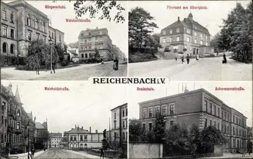 Ak Reichenbach im Vogtland, Bürgerschule, Weinholdstraße, Pfarramt am Albertplatz, Realschule