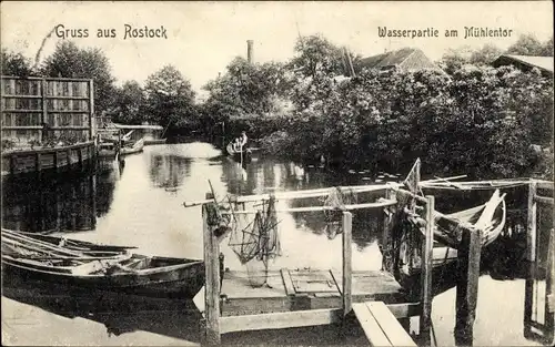 Ak Rostock in Mecklenburg, Wasserpartie am Mühlentor