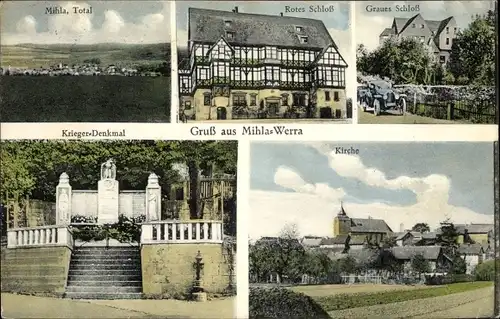 Ak Mihla in Thüringen, Gesamtansicht, Rotes Schloss, Graues Schloss, Kriegerdenkmal, Kirche