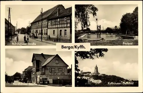 Ak Berga in Thüringen, Nordhäuser Straße, Freibad, Kyffhäuser Denkmal