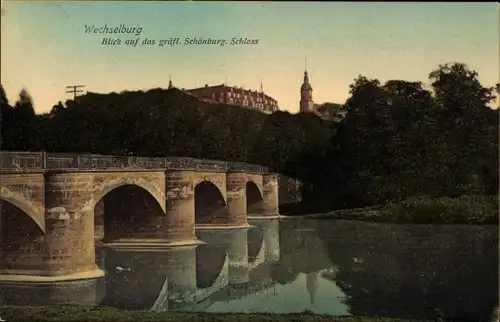 Ak Wechselburg in Sachsen, Blick auf das gräfl. Schönburgsche Schloss, Brücke, Fluss