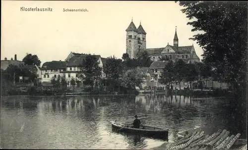 Ak Bad Klosterlausnitz in Thüringen, Kirche, Schwanenteich, Boot
