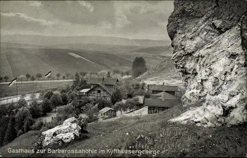 Ak Steinthaleben Kyffhäuserland in Thüringen, Kyffhäuser, Gasthaus zur Barbarossahöhle, Felsen