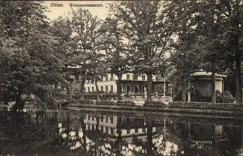 Ak Zittau in der Oberlausitz, Teichpartie mit Blick zum Weinrestaurant