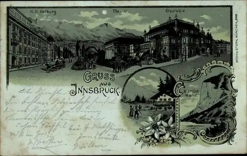 Mondschein Litho Innsbruck in Tirol, Theater, Stadtsäle, Hofburg, Martinswand