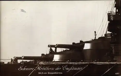 Ak Britisches Kriegsschiff, HMS, Schwere Artillerie der Engländer, 34,3 cm Doppeltürme