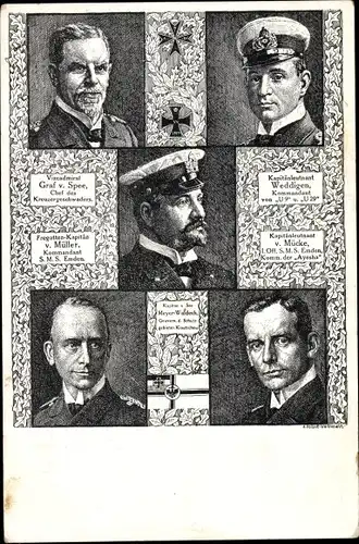 Künstler Ak Vizeadmiral v. Spee, Kapitänleutnant Weddigen, Fregattenkapitän v. Müller, v. Mücke
