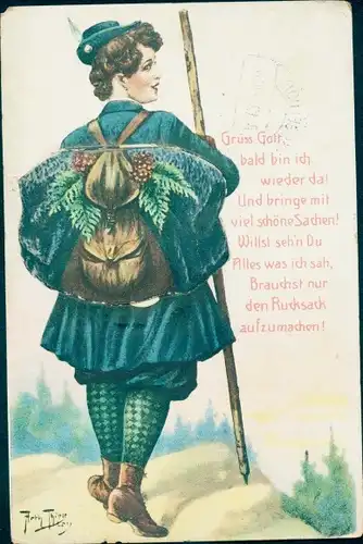 Leporello Künstler Ak Thiele, Arthur, Düsseldorf, Frau mit Wanderrucksack