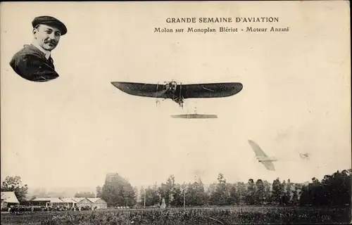 Ak Grande Semaine d'Aviation, Molon sur Monoplan Blériot, Moteur Anzani