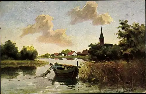 Künstler Ak Gerstenhauer, J. G., Ortsansicht, Fluss, Ruderboot, Mann mit Fischernetz
