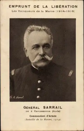 Ak General Sarrail, Portrait in Uniform, Bataille de la Marne 1914