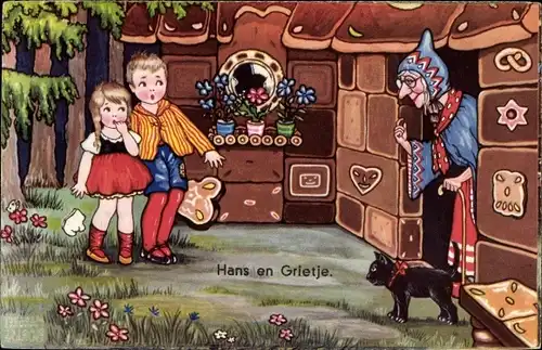 Künstler Ak Boriss, M., Hänsel und Gretel, Hexe, Schwarze Katze, Lebkuchen