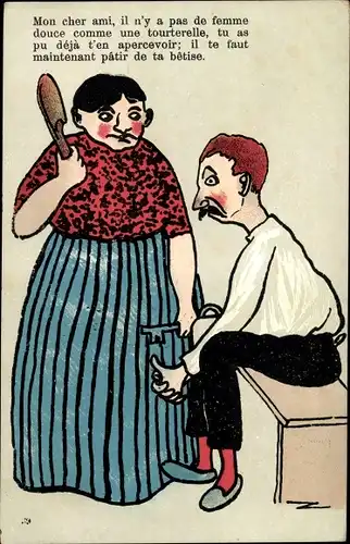 Ak Ehehumor, Unzufriedene Frau mit Hausschuh, Mon cher ami, il n'y a pas de femme...