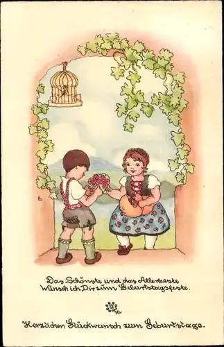 Ak Glückwunsch Geburtstag, Kinder, Blumenstrauß, Vogel im Käfig