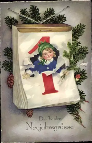 Ak Glückwunsch Neujahr, Kind steigt aus einem Kalender