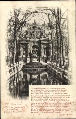 Ak Paris VI. Arrondissement Luxembourg, Jardin du Luxembourg, Fontaine de Medicis, Gedicht