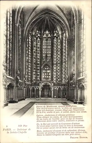 Ak Paris I. Arrondissement Louvre, Interieur de la Sainte Chapelle, Gedicht von Philippe Dufour