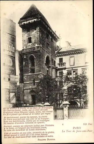 Ak Paris II. Arrondissement Bourse, La Tour de Jean sans Peur, Gedicht von Philippe Dufour