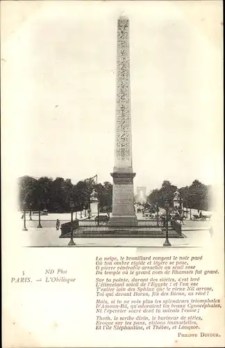 Ak Paris XVI. Arrondissement Passy, L'Obelisque, Gedicht von Philippe Dufour