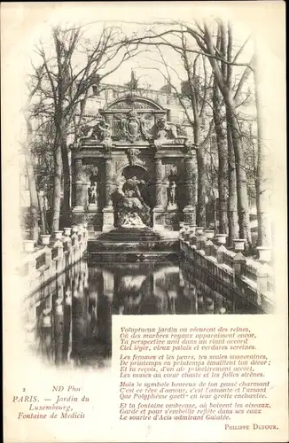Ak Paris VI. Arrondissement Luxembourg, Jardin du Luxembourg, Fontaine de Medicis, Gedicht