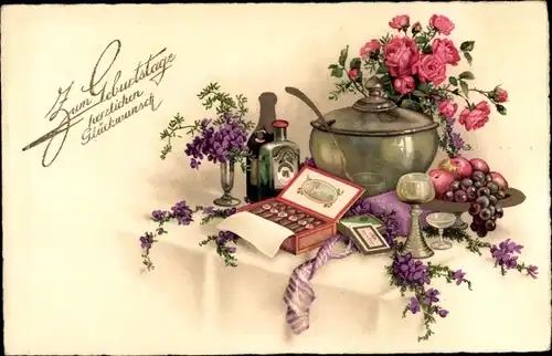 Ak Glückwunsch Geburtstag, Tisch, Früchte, Zigarren, Blumenstrauß, Essen, Kelch
