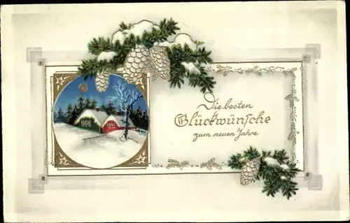 Ak Glückwunsch Neujahr, Tannzweige, Tannenzapfen, Häuser, Winter