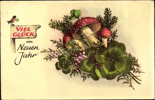 Ak Glückwunsch Neujahr, Pilze, Glücksklee, Tannzweige