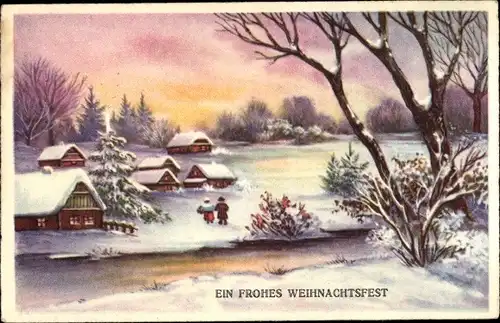 Ak Glückwunsch Weihnachten, Dorfansicht, Wohnhäuser, Winterszene