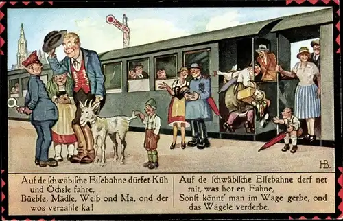 Künstler Ak Boettcher, Hans, Eisenbahn, Reisende, Ziege, Auf de schwäbische Eisebahne dürftet fahre