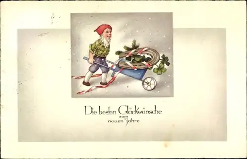 Ak Glückwunsch Neujahr, Zwerg mit Schubkarre, Glücksklee, Hufeisen