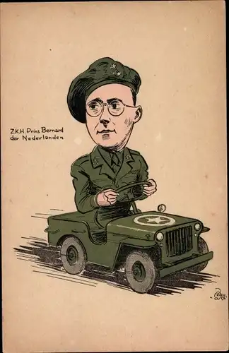 Künstler Ak Prinz Bernhard der Niederlande, Karikatur, Uniform, Auto