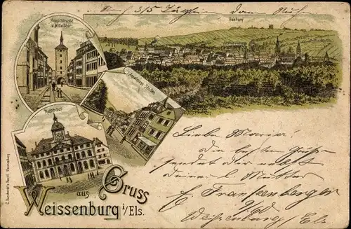 Litho Wissembourg Weißenburg Elsass Bas Rhin, Gesamtansicht, Hauptstraße, Mitteltor, Rathaus