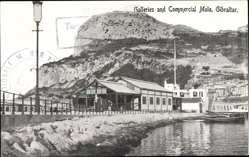 Ak Gibraltar, Galleries and Commerial Mole, Felsen, Boote