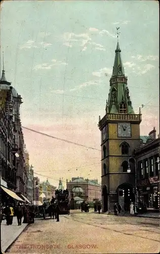 Ak Glasgow Schottland, The Trongate, Einkaufstrasse, Kirche