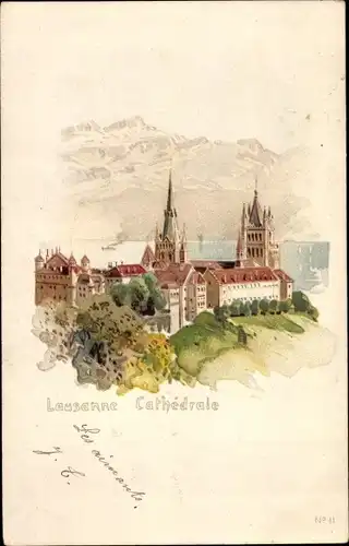 Litho Lausanne Kanton Waadt, Lausanne Cathedrale, Vogelblick