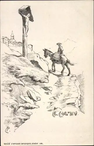 Künstler Ak Schweiz, Le Chemin, Bergweg, Frau auf einem Pferd, Kreuz