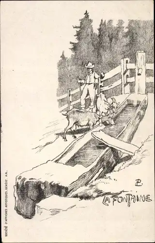 Künstler Ak Schweiz, La Fontaine, Brunnen, Bergziegen