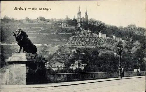 Ak Würzburg am Main Unterfranken, Blick auf Käppele, Löwe im Vordergrund