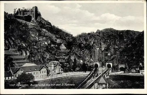 Ak Altenahr im Ahrtal, Burgruine Are mit den 3 Tunneln