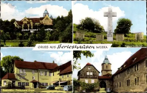 Ak Herleshausen in Hessen, Kriegerdenkmal, Schloss, Gaststätte Engel, Burgkirche