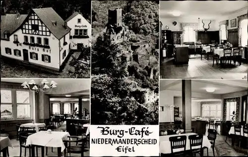 Ak Niedermanderscheid Manderscheid in der Eifel Rheinland Pfalz, Burgcafé, Burghof, Ruine, Luftbild