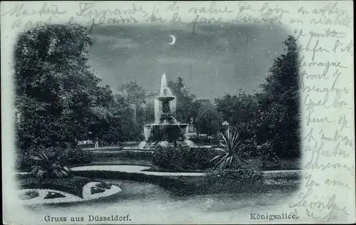 Mondschein Ak Düsseldorf am Rhein, Königsallee mit Springbrunnen