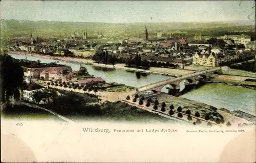 Ak Würzburg am Main Unterfranken, Panorama mit Luitpoldbrücke